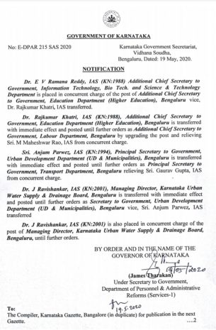 IAS Officers, Transfers, Government of Karnataka