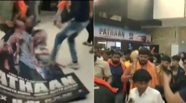 Bajrang Dal workers tear down Shah Rukh Khan’s Pathaan movie posters in Ahmedabad