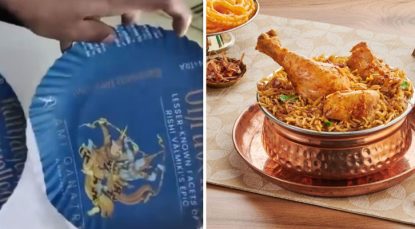 Biriyani was being served on paper plates with images of Lord Rama